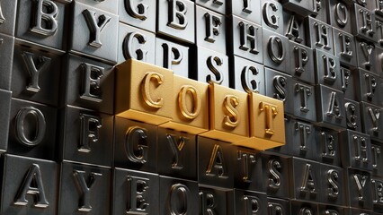 Poster - Movable type printing with COST business word.close up of Movable type printing,Business Concept.3D rendering on gold background.