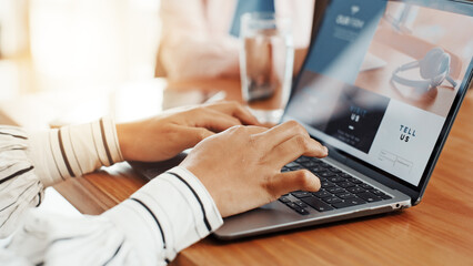 Poster - Laptop, hands and research with business person in office for website UI, plan and email marketing. Startup newsletter, schedule and project progress with employee at screen for network and update