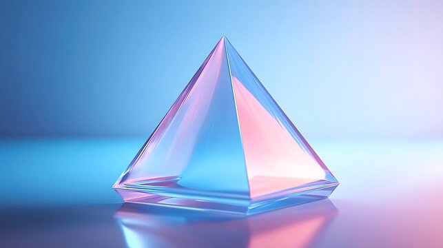 Photo of a clear glass pyramid reflects light on a smooth surface