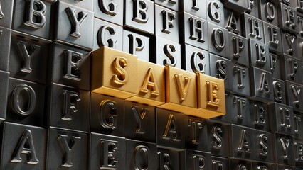 Poster - Symbol for saving or spending money. Dice form the word 