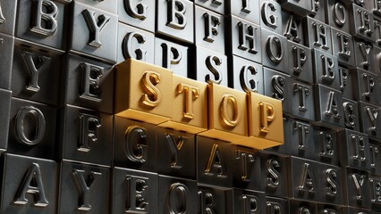 Poster - STOP.3D illustration of Movable type printing.close up of Movable type printing,3D rendering on gold background.