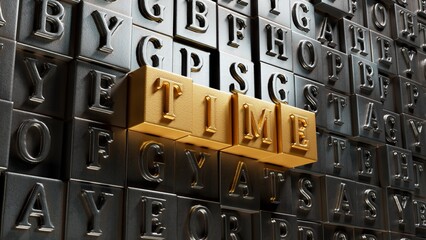 Poster - Time.Movable type printing spelling.Flat lay view from above on  Movable type printing buttons.IT technology concept.3D rendering on gold background.