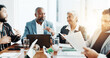 © FlexiTon/peopleimages.com - Boss, meeting and planning with business people in office for budget report, stakeholder update and research. Ceo review, market analyst and partnership with employees in agency for discussion