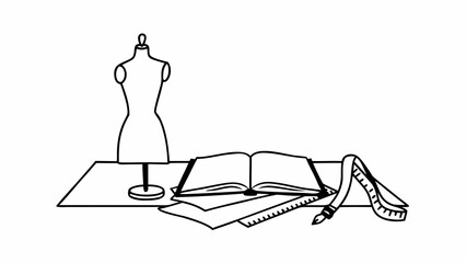 Fototapete - Illustration of a desk with laptop coffee mug plant and notebook in black and white style created with generated ai
