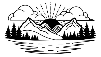 Poster - Black and white line art of mountains with trees clouds and sun over a lake illustration scene created with generated ai