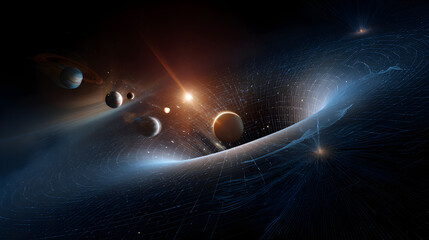 Wall Mural - A digital rendering of planets and stars in a cosmic scene with swirling light effects and dark space