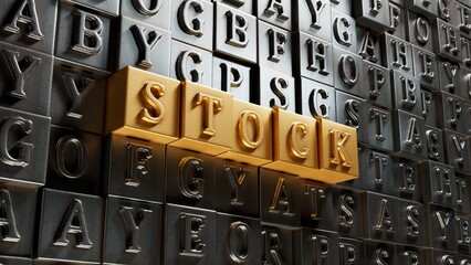 Poster - Movable type printing with STOCK business word.close up of Movable type printing,Business Concept.3D rendering on gold background.
