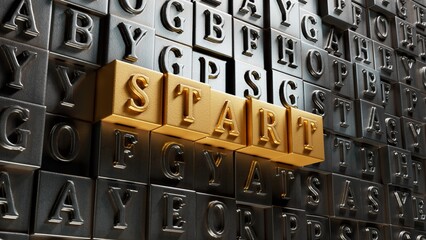 Poster - Movable type printing with the word start. To start a business, job, project or career concept.3D rendering on gold background.