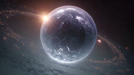 Wall Mural - A digital rendering of a planet with rings and a bright light in the dark expanse of space