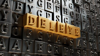 Poster - Delete.3D illustration of Movable type printing.close up of Movable type printing,3D rendering on gold background.