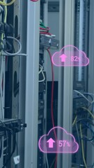 Poster - Animation of cloud icons with growing numbers over caucasian woman in server room