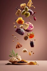 Fototapete - Variety of Mediterranean Ingredients Olives, Nuts, and Dried Fruits Floating Gracefully Against Warm Background Creating Culinary Delight and Abundance