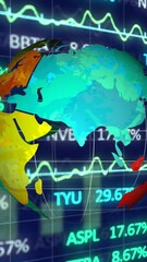 Poster - Digital animation of spinning globe against stock market data processing on blue background