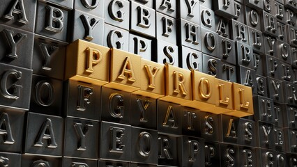 Poster - PAYROLL word on Movable type printing. Concept of investment and savings money. Movable type printing with letters.Business Concept.3D rendering on gold background.