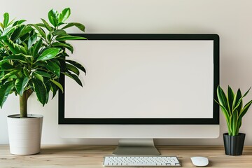 Sharp Picture of a Computer Monitor and a Plant on a Desk with a Keyboard