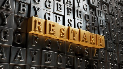 Poster - Wooden Blocks with the text: Restart. New business relaunch startup concept.3D rendering on gold background.