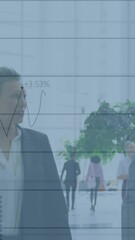 Poster - Animation of financial graphs over happy diverse businesspeople walking in office
