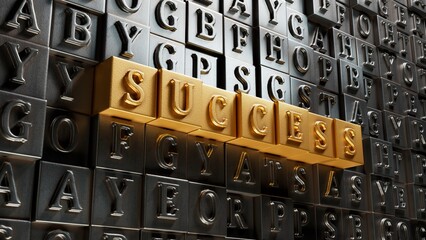 Poster - success.Movable type printing spelling.Flat lay view from above on gold background with Movable type printing buttons.IT technology concept.3D rendering on gold background.