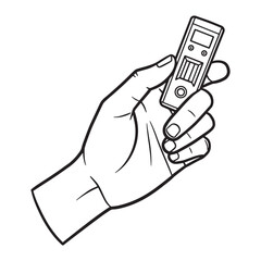 Poster - Black and white hand holding a small electronic device in a simple vector illustration