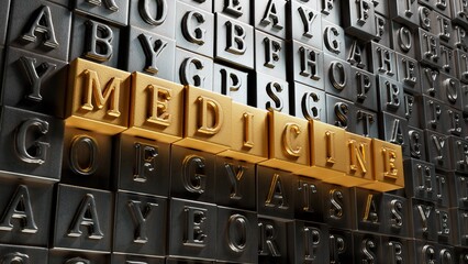 Poster - MEDICINE text word on Movable type printing.3D rendering on gold background.