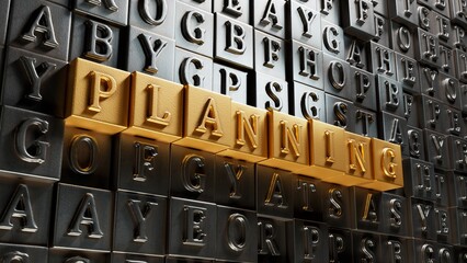 Poster - Planning.Movable type printing spelling.Flat lay view from above on gold background with Movable type printing buttons.IT technology concept.3D rendering on gold background.