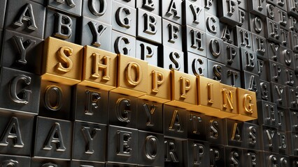Poster - Shopping.3D illustration of Movable type printing.close up of Movable type printing,3D rendering on gold background.