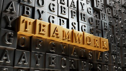 Poster - teamwork.Movable type printing spelling.Flat lay view from above on gold background with Movable type printing buttons.IT technology concept.3D rendering on gold background.