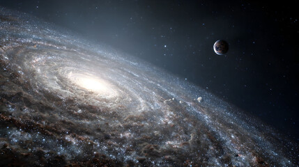 Wall Mural - A captivating view of a spiral galaxy with a bright core and a distant planet in the background