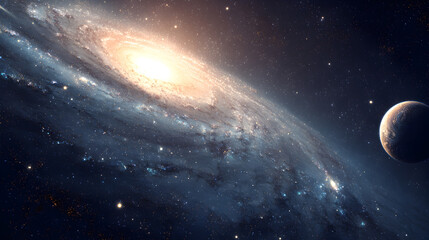 a stunning view of a spiral galaxy with a bright center and a planet on the right side of the image