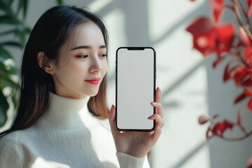 Poster - Flawless Visual of Woman Showing a Smartphone with Blank Screen