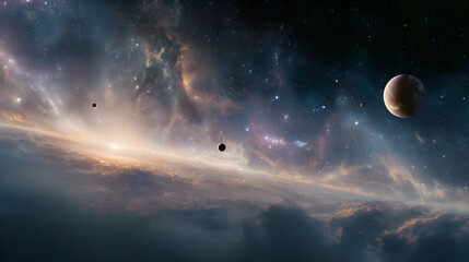 Wall Mural - A cosmic scene featuring planets, stars, and nebula clouds in a vast expanse of outer space