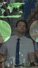 Poster - Animation of financial data processing over people working in warehouse