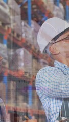 Poster - Animation of financial data over diverse female and male warehouse workers