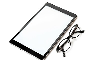 Poster - A Tablet with a Blank Screen and Glasses on a White Background Copy Space