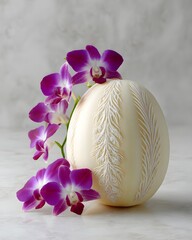Poster - cantaloupe carved with peacock feathers, placed beside Thai orchids, soft indoor lighting, lifestyle mood.