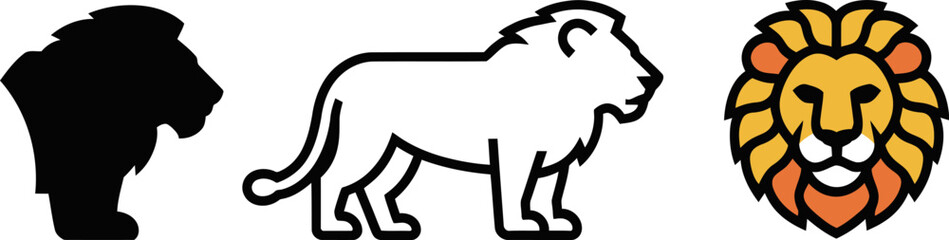 Poster - Vector lion logo design inspiration three styles black outline and color animal graphic illustration