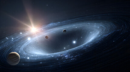 Wall Mural - A cosmic scene featuring a bright star planets and a swirling galaxy in a dark expanse of space