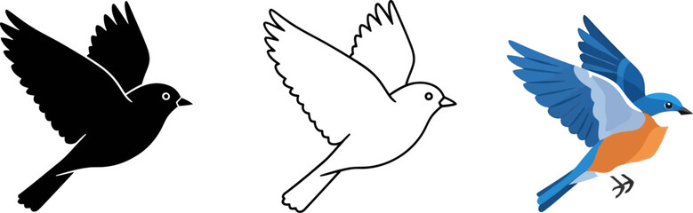 Poster - Flying birds vector illustration set black outline and color bird drawing isolated on white background
