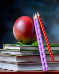 Poster - mango with angular geometric Thai pattern, placed beside books and pencils, for educational visuals.