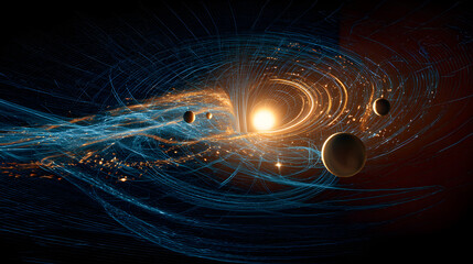 Wall Mural - A cosmic scene featuring planets swirling around a bright star with abstract blue and orange lines