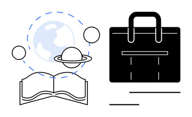Poster - Open book with planetary system orbiting Earth beside a briefcase, representing learning, exploration, knowledge, career, ambition, professional growth, evolving goals. Ideal for education career