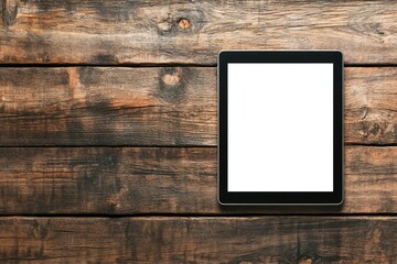 Poster - Vibrant Color Visual of Realistic Digital Tablet with Blank Screen on Wooden Textured Plank