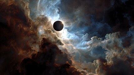Wall Mural - A celestial event featuring a dark planet amidst swirling clouds of varying colors and brightness