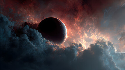 Wall Mural - A celestial body shrouded in clouds with a fiery sky creating a dramatic and ethereal scene
