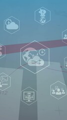 Poster - Animation of digital icons and statistical data processing against light spot on blue background