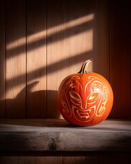 Poster - pumpkin carved in circular temple motif, placed on wooden plank, dramatic shadows.