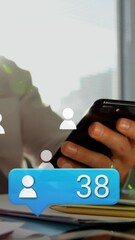 Poster - Animation of media icons over caucasian businessman using smartphone