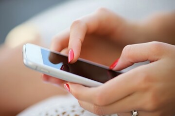 Poster - Closeup of woman fingers typing on smartphone screen in bright outdoor setting, Closeup woman hands fingers typing sliding smartphone device in social media