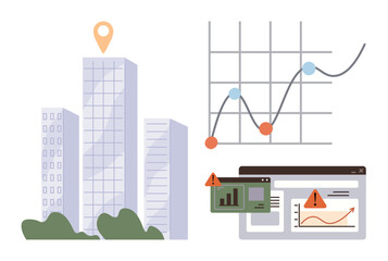 Poster - High-rise buildings, graph trends with data points, and a dashboard with warnings. Ideal for analytics, urban development, technology, risk management, data monitoring, business growth simple flat