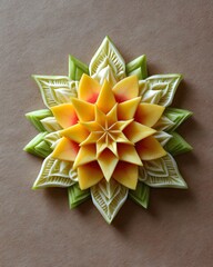 Poster - mango fruit carving in chakra-style mandala, on brown paper backdrop, flat lay.